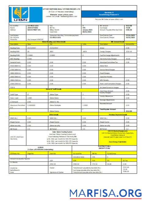 Downloadable India Uttar Haryana Bijli Vitran Nigam Limited electrecity utility bill Word and PDF formats example